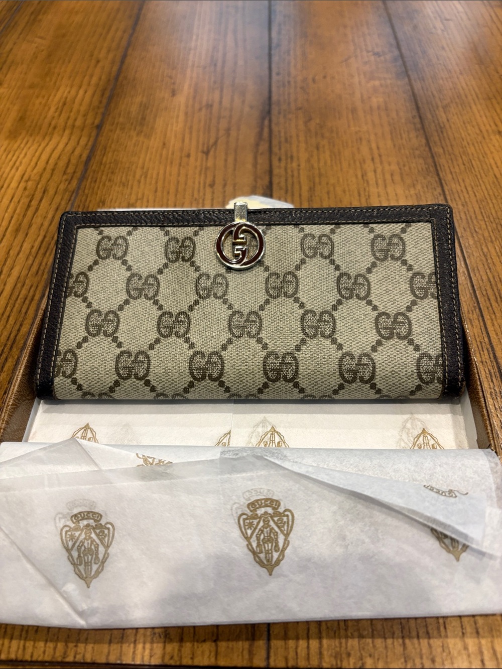 Gucci Beige GG Canvas Continental Wallet with Brown Trim and Gold Logo